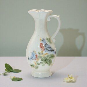 Vintage Ceramic Pitcher With Hand-Painted Birds & Floral Design By Kathy 1988